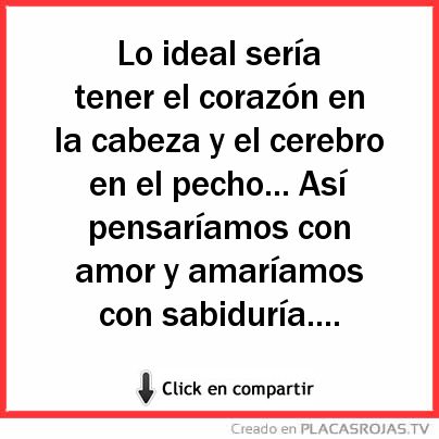 Lo ideal sería tener el corazón en la cabeza y el cerebro en el pecho... Así  pensaríamos con amor y amaríamos con sabiduría.... 