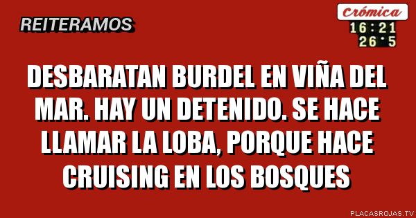 Desbaratan burdel en viña del mar. Hay un detenido. Se hace llamar la loba, porque hace cruising en los bosques