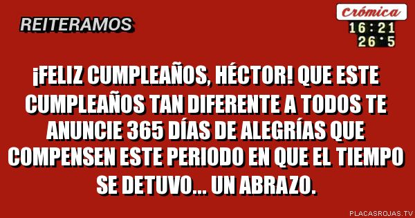 ¡Feliz cumpleaños, Héctor!
Que este cumpleaños tan diferente a todos te anuncie 365 días De ALEGRías que compensen ESTe periodo en que el tiempo se detuvo...
Un abrazo.