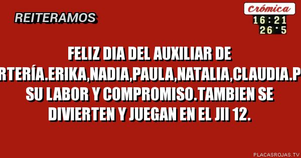 FELIZ DIA DEL AUXILIAR DE PORTERÍA.ERIKA,NADIA,PAULA,NATALIA,CLAUDIA.Por SU LABOR Y COMPROMISO.Tambien se divierten y juegan en el jii 12.
