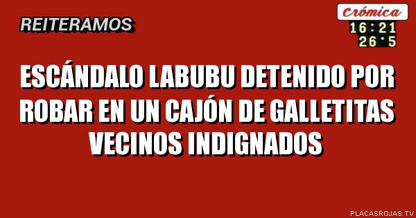 Escándalo
Labubu detenido por robar en un cajón de galletitas
Vecinos indignados