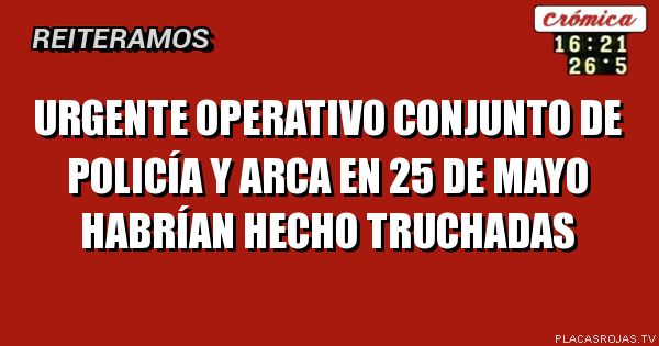 Urgente
Operativo conjunto de policía y arca en 25 de Mayo
Habrían hecho truchadas