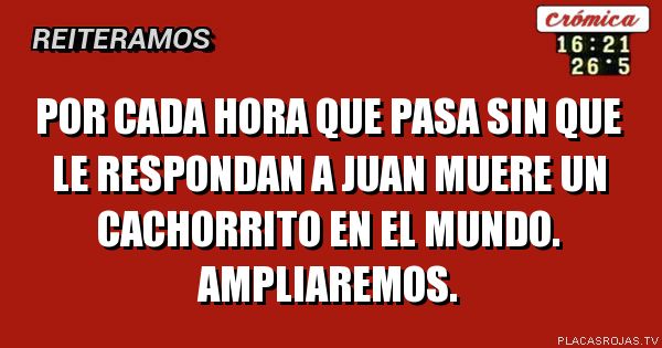 Por cada hora que pasa sin que le respondan a juan muere un cachorrito en el mundo. Ampliaremos.