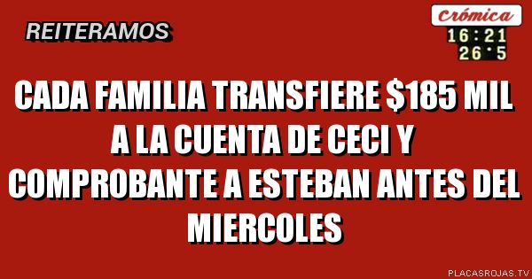 cada familia Transfiere $185 mil a la cuenta de ceci y comprobante a esteban antes del miercoles