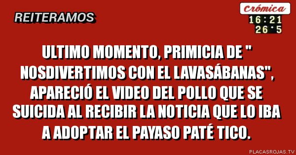 ULTIMO MOMENTO, PRIMICIA DE \" NOSDIVERTIMOS CON EL LAVASÁBANAS\", APARECIÓ EL VIDEO DEL POLLO QUE SE SUICIDA AL RECIBIR LA NOTICIA QUE LO IBA A ADOPTAR EL PAYASO PATÉ TICO.