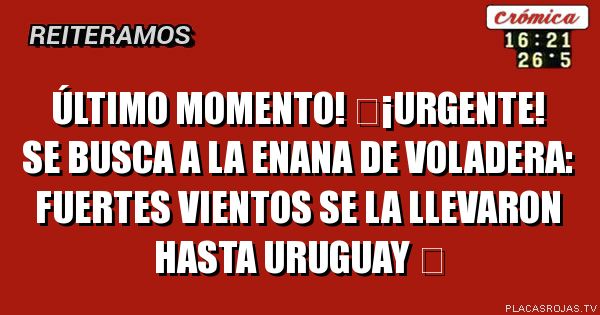 ÚLTIMO MOMENTO!
¡URGENTE! SE BUSCA A LA ENANA DE VOLADERA:
FUERTES VIENTOS SE LA LLEVARON HASTA URUGUAY
