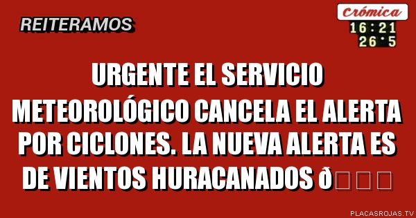 Urgente el servicio meteorológico cancela el alerta por ciclones. La nueva alerta es de vientos huracanados