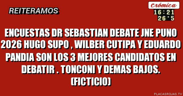 ENCUESTAS DR SEBASTIAN DEBATE JNE PUNO 2026
HUGO SUPO , WILBER CUTIPA Y EDUARDO PANDIA SON LOS 3 MEJORES CANDIDATOS EN DEBATIR . TONCONI Y DEMAS BAJOS. (FICTICIO)