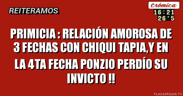 PRIMICIA : RELACIÓN AMOROSA DE 3 FECHAS CON CHIQUI TAPIA,Y EN LA 4ta FECHA PONZIO PERDÍO SU INVICTO !!
